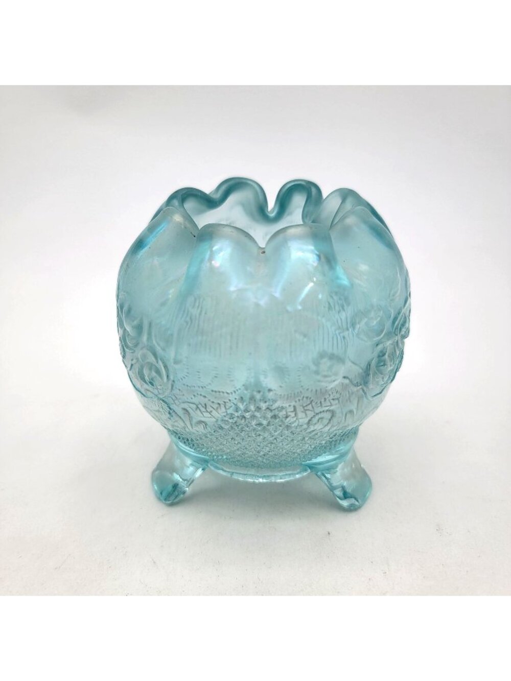 Antique Northwood Ice Blue Carnival Glass Rose Bowl Fine Cut & Roses